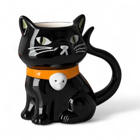 NWT Black Cat Figural Halloween Mug 12 oz Stoneware Orange Collar Hyde and Eek - Picture 1 of 3